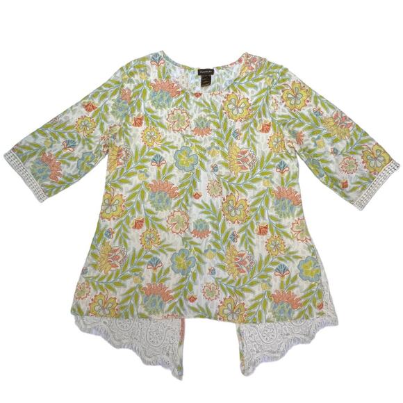 Multiples Tops - Multiples Floral Boho Tunic Blouse Top 3/4 Sleeve Split Back Crochet Lace Size L